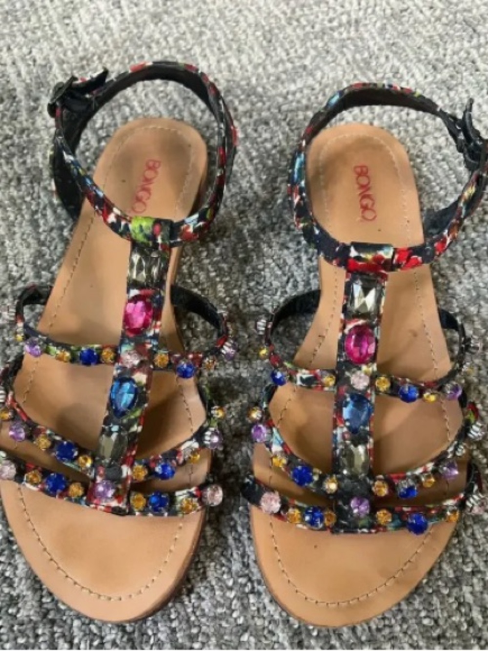 BONGO Black Multicolor Jeweled T-Strap Sandals